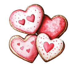Fototapeta premium Heart-shaped Cookies, watercolor clipart showcasing whimsical details and harmonious color flow, isolated on a white background.