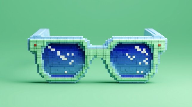 Simple 3D gaming pixel glasses icon featuring blue retro pixel sunglasses in clay style on a mint green backdrop, ideal for gaming, apps, UI, digital, and creative branding.