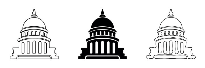 Set of three government building icons with domes in outline and silhouette styles © Ophelia