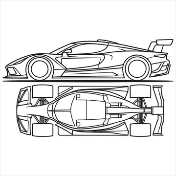 Side and top view line drawing of a high-performance race car chassis