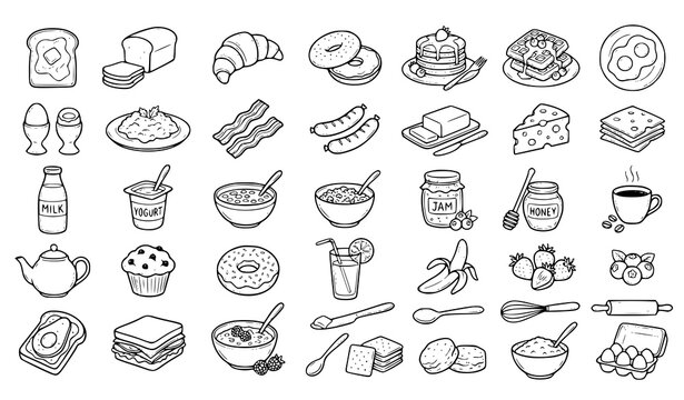 Hand Drawn Breakfast and Dairy Food Doodle Vector Collection with Morning Meal Icons