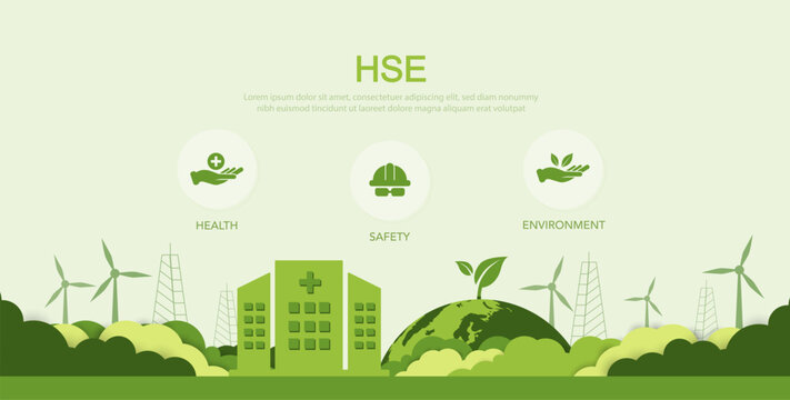 HSE Health, Safety, Environment Concepts that focus on accident prevention, environmental protection, health and safety for businesses and organizations. Green vector illustration.