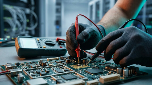 Engineer testing electronic circuit board with multimeter in laboratory.