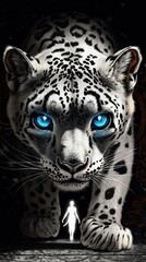 Fototapeta premium A fierce snow leopard with blue eyes confronts a glowing figure in a mystical scene