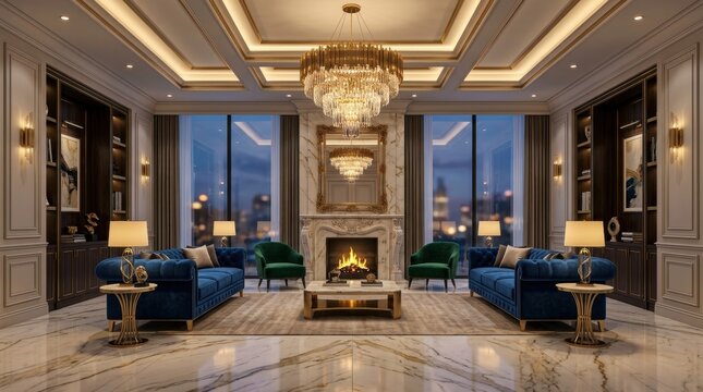 Luxurious living room with marble flooring, fireplace, and city view at night