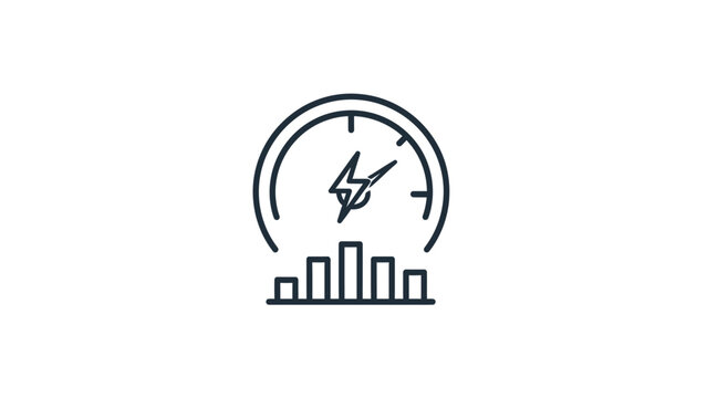 Performance Optimization Icon featuring minimalist line art of a speedometer with lightning bolt and bar graph on white background ideal for business analytics and energy efficiency.
