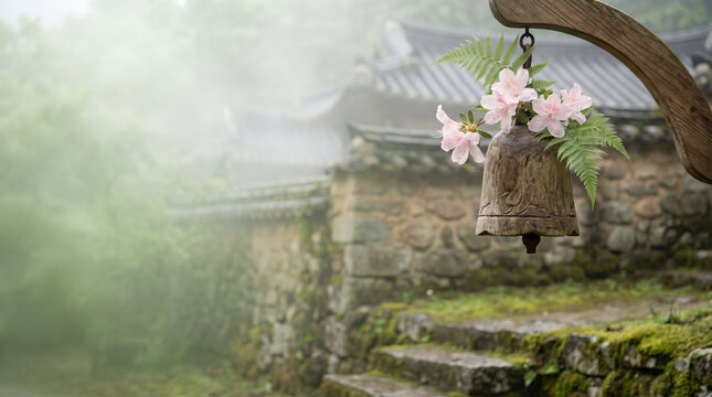 Wooden wind chime with pink azalea flowers hanging in a misty historic temple garden background