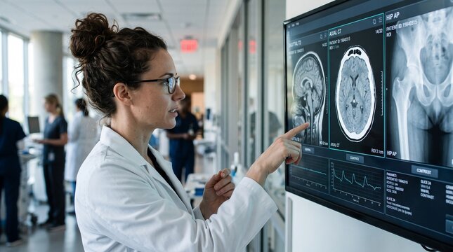 Radiologist using digital screen to analyze brain CT scan in modern hospital radiology room