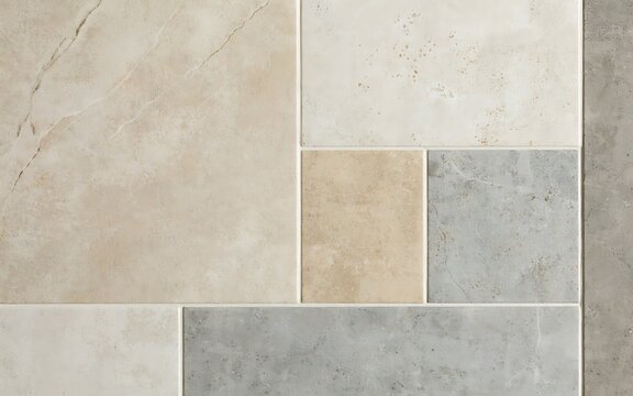 Modern modular floor tiles with a mix of beige, cream, and grey stone textures