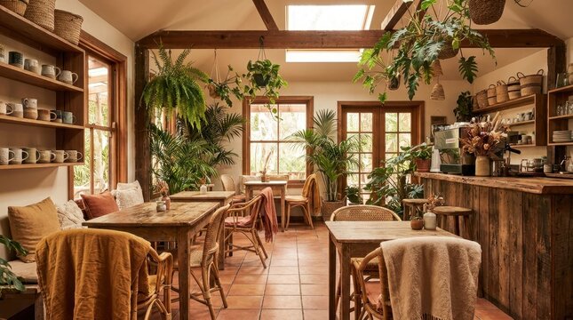 Bohemian cafe interior with abundant plants, natural wood, and warm lighting creating a cozy