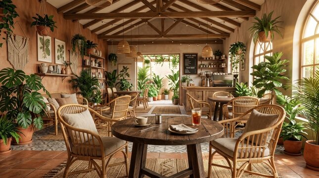 Bohemian cafe interior with abundant plants, rattan furniture, and natural light