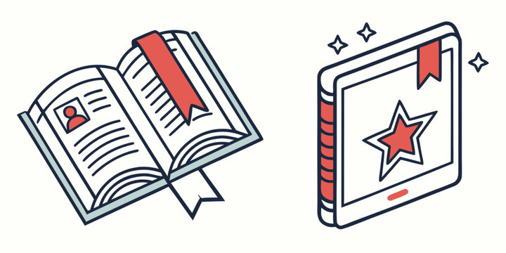 Open book with red ribbon bookmark and tablet with star icon on screen e book e reader bookmark education knowledge technology e-reader information learning literature