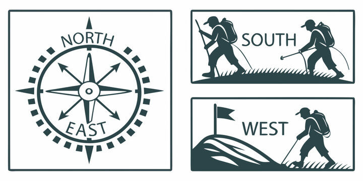 Compass with directional arrows and hikers exploring south and west compass rose directional signs outdoor activity navigation tool hiking gear adventure travel compass directions north direct