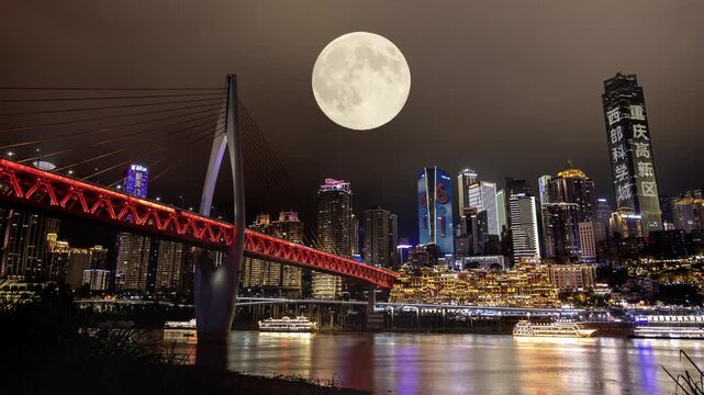 Chongqing cyberpunk city skyline illuminated at night reflected in water