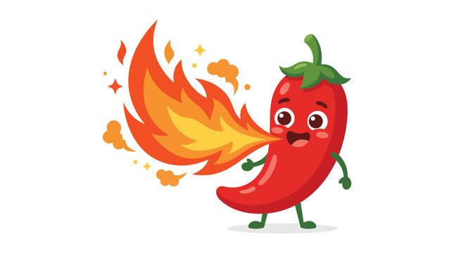 Cute cartoon red chili pepper character breathing bright orange fire in a flat vector graphic style