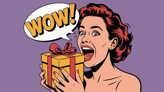 Excited woman holding a special gift box with a speech bubble exclaiming WOW loudly