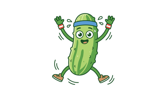 Happy jumping pickle character wearing a blue headband and athletic wristbands in a flat vector illustration