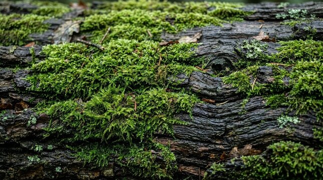 Close up of green moss growing on old weathered wood texture