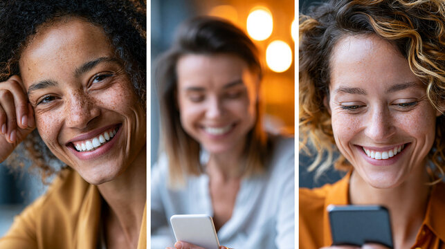 Drei junge Frauen l&auml;cheln gemeinsam beim Blick auf ihr Smartphone