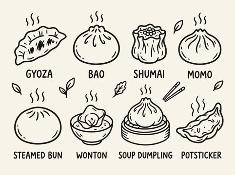 Variety of steamed dumplings and buns are served on a table.