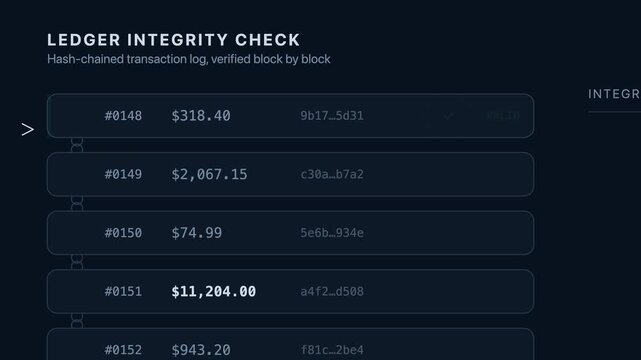 Dynamic motion graphics illustrating a ledger integrity check with a hash chain concept, featuring two camera angles and a tech-inspired design