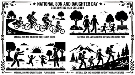 Fototapeta premium National Son and Daughter Day icons, celebrating children, family silhouettes, parent child illustrations