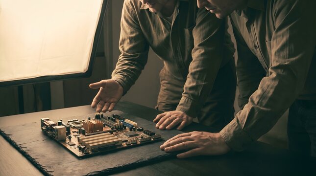 Two men inspecting vintage computer motherboard with lightbox