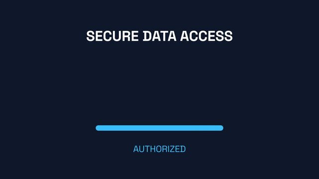 Secure data access, loading bar animation, dark background with white and blue text, symbolizing secure online access and authentication, representing technology and cybersecurity.
