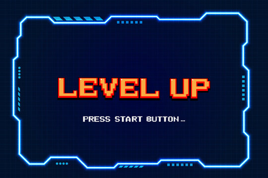 Retro 8-bit pixel art Level Up arcade screen featuring blue HUD grid interface, press start button. Perfect for gaming UI and nostalgic retro game assets.