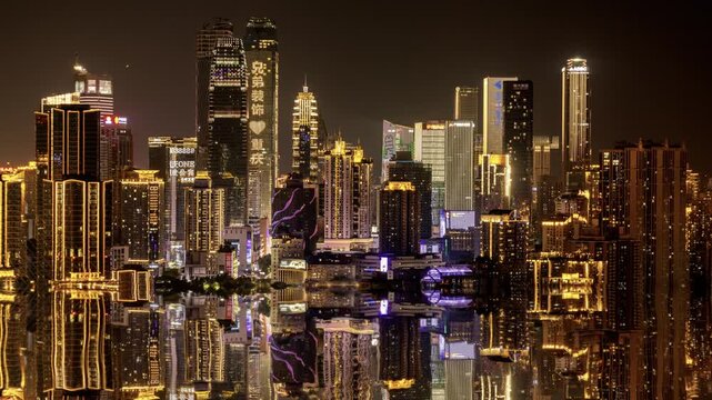 Chongqing cyberpunk city skyline illuminated at night reflected in water