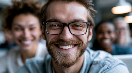 Fototapeta premium Bärtiger Mann mit Brille macht Selfie mit lächelnden Freunden im Büro