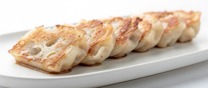Deliciously Crispy Gyoza Dumplings Served on a White Plate Ready for Enjoyment at a Restaurant or Home Kitchen Setting