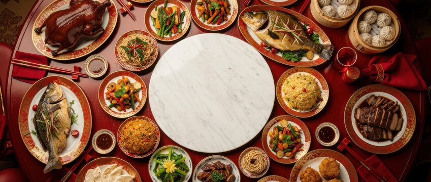 Traditional Chinese Feast with Varied Dishes Displayed on a Round Table Surrounded by Appetizing Cuisine and Elegant Tableware