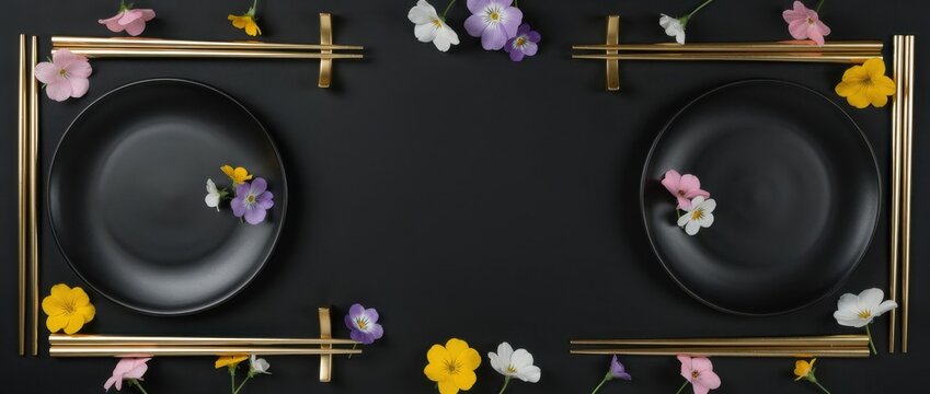 Elegant black dining set with vibrant edible flowers and golden chopsticks arranged symmetrically on a dark surface for a sophisticated dining experience