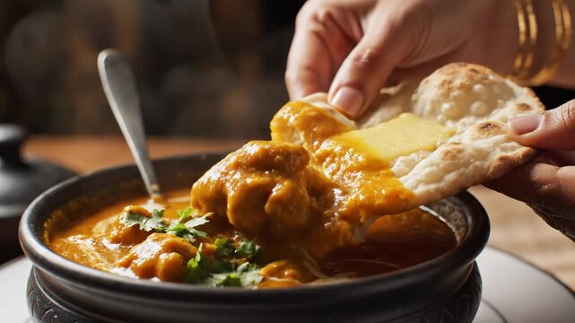 Naan Bread Dipped in Curry, suitable for Indian cuisine, comfort food, cooking, and food photography content.