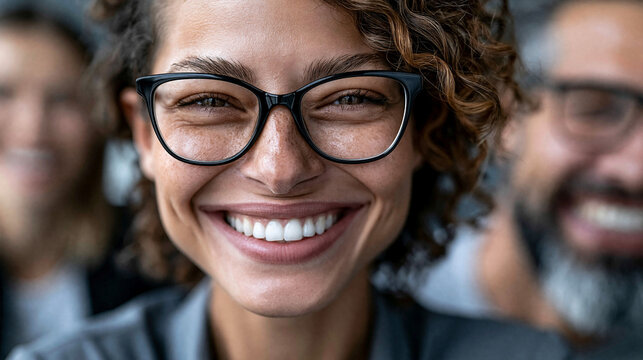 Nahaufnahme l&auml;chelnder Frau mit Brille und lockigem Haar