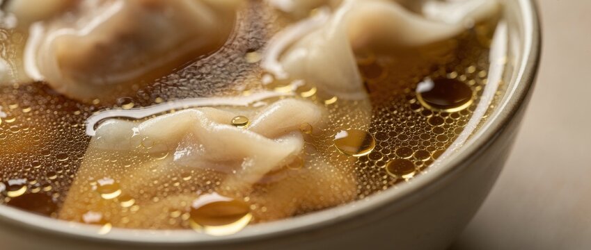 Delicious homemade dumplings in rich broth with a light sheen of oil, showcasing culinary artistry and Asian cuisine culture in a close-up view