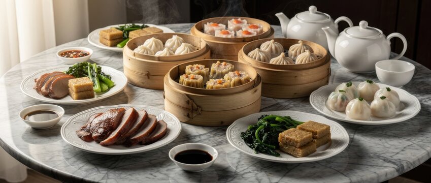 Authentic Chinese Cuisine Spread Featuring Dim Sum, Steamed Buns, Peking Duck, and Fresh Vegetables on a Marble Table with Teapots