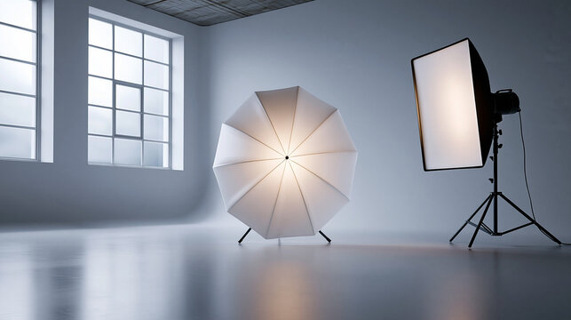 Softbox und Schirm leuchten im leeren wei&szlig;en Fotostudio