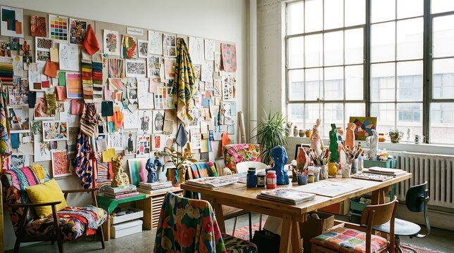 Creative studio filled with colorful fabrics, art supplies, and inspiration pinned to the wall