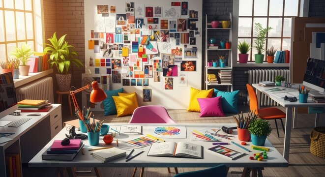 Creative studio space with mood board, art supplies, and desks bathed in natural light