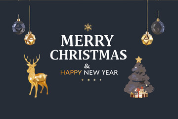 Golden reindeer and christmas tree vector illustration with festive text © Lovely