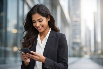 Fototapeta premium Professional woman using smartphone outdoors.
