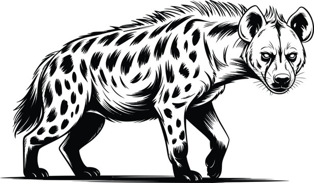 Spotted hyena, black and white illustration, wild animal, vector drawing, wildlife art