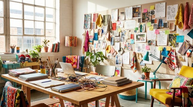 Creative studio workspace with mood board, desk, and colorful textiles by large window