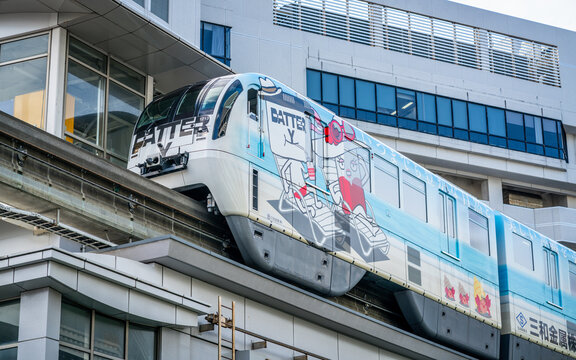 View of a colorful train of Okinawa Urban Monorail aka Yui Rail in Naha Okinawa Japan