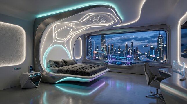 Futuristic bedroom with a large window overlooking a glowing cityscape at dusk, featuring modern