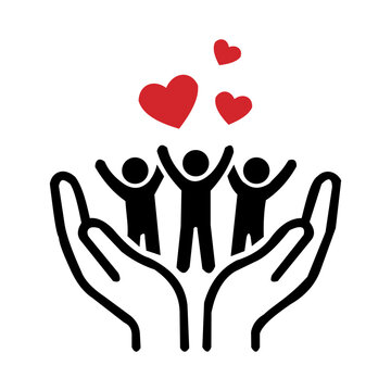 People in hands with hearts above them symbolizing care and love support protection. Resizable and editable, EPS 10.