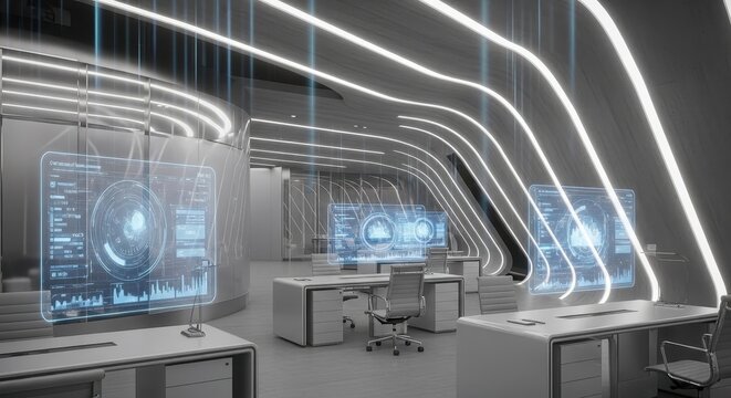 Futuristic office interior with glowing holographic displays and modern workstations