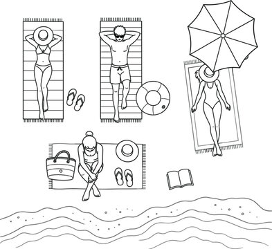 Beach vacation vector illustration for summer travel poster with sunbathing people and umbrella in black and white line art